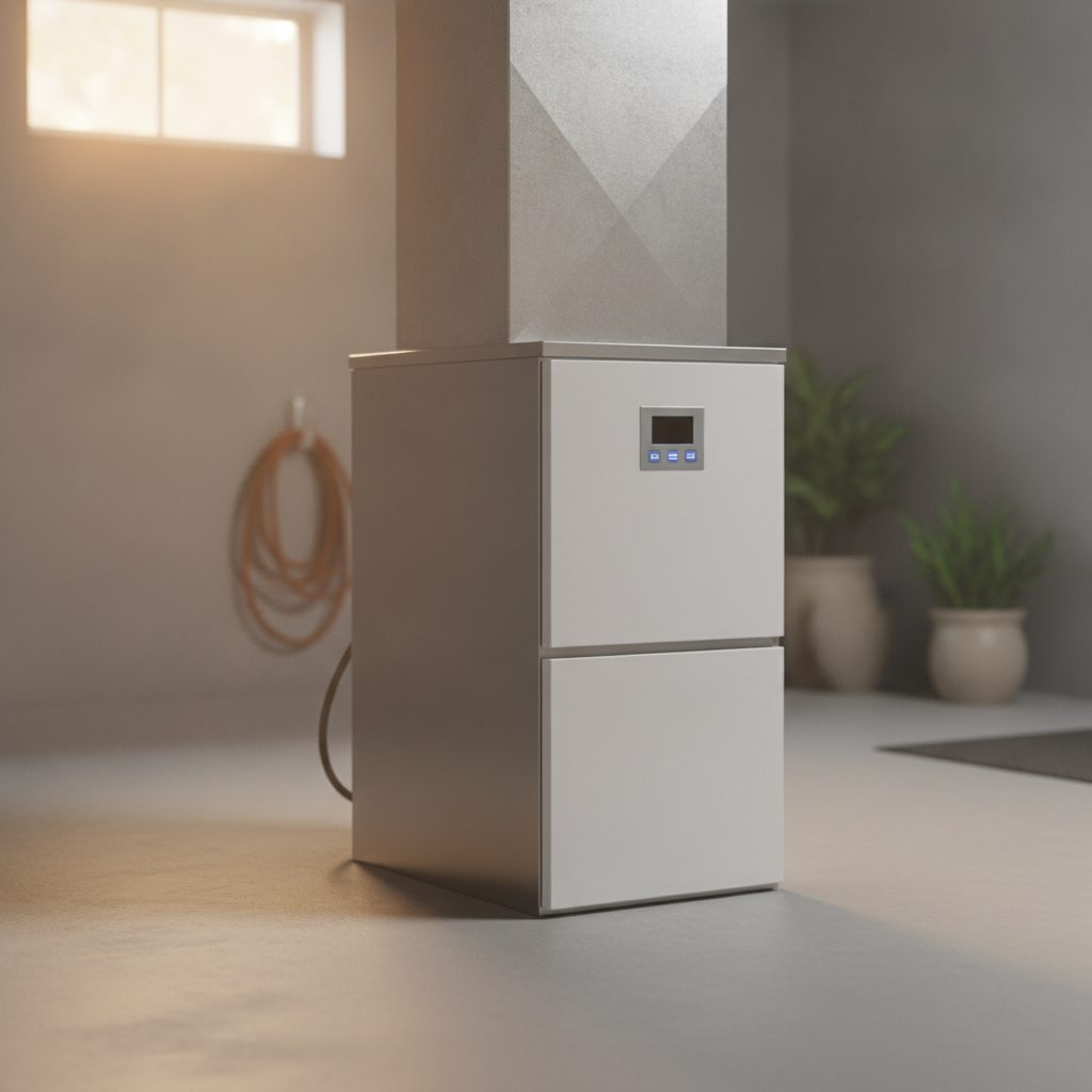 Modern home furnace unit in a clean basement with soft light
